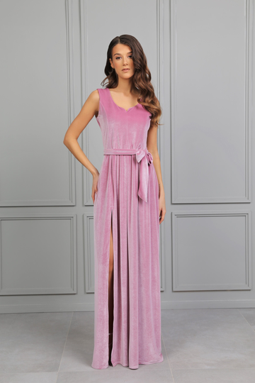 Pink Velvet Maxi Dress Sweetheart Neck Sleeveless Closed Back Leg Slit Above The Knee Sash