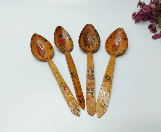 Vintage Hand Painting Spoons Lot Of 4, Turkish Folk Dancing Spoons Flower Pattern Art Decor, Culture Objects, Wooden -N9