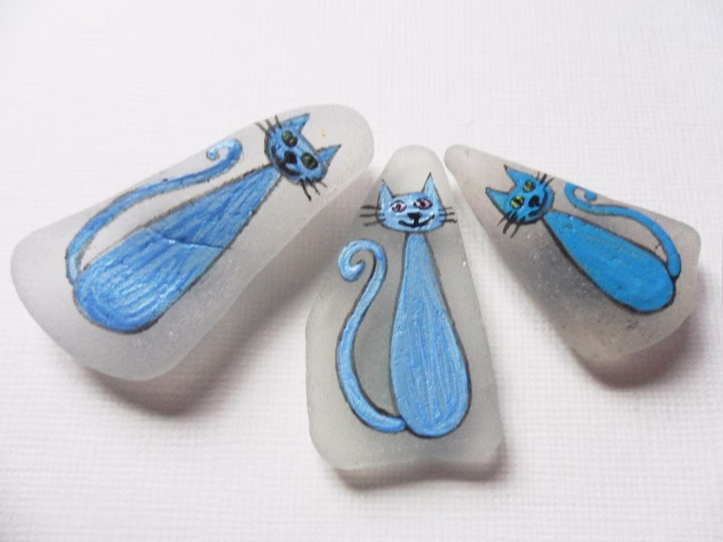 Blue Cat Magnet Set - Hand Painted Sea Glass Fridge Magnets, 3Pc