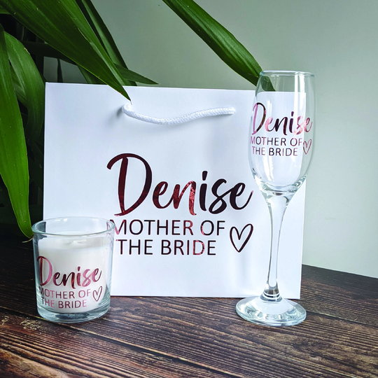 Personalised Wedding Favours in Your Wedding Colours, With Champagne Glass, Candle & Bag, Gifts For The Bridesmaid, Maid Of Honour