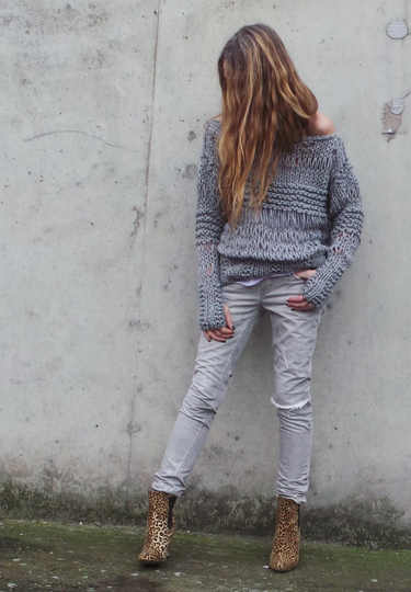 Gray Chunky Sweater, Loose Knit Over Sized Silver Sweater With Thumb Holes