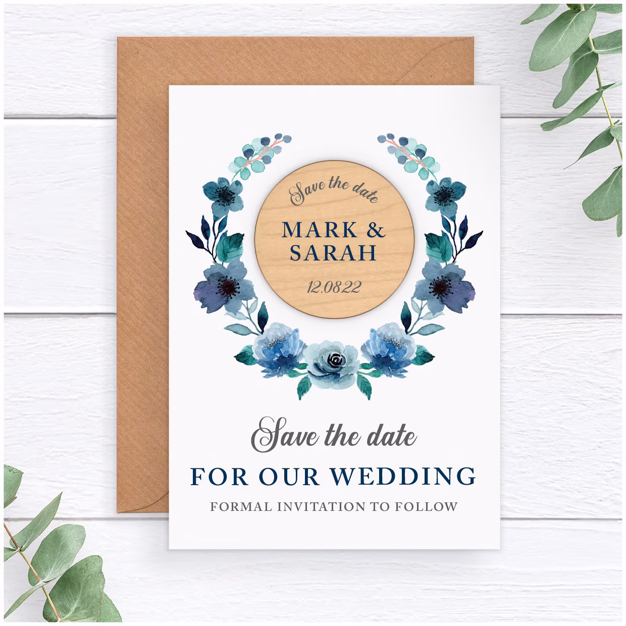 Blue Wedding Save The Date Card - Personalised Floral Wreath Magnets Rustic Wooden Fridge