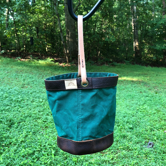 Dark Green Waxed Canvas & Leather Bucket Bag Handcrafted Tote Basket Homeschool Handmade