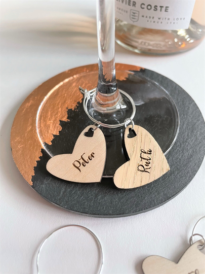 Personalised Heart Shaped Wine Glass Charm, Wedding Favour Ideas, Wooden Wine Glass Charms, Name Place Settings, Favours, Hen Do Charms