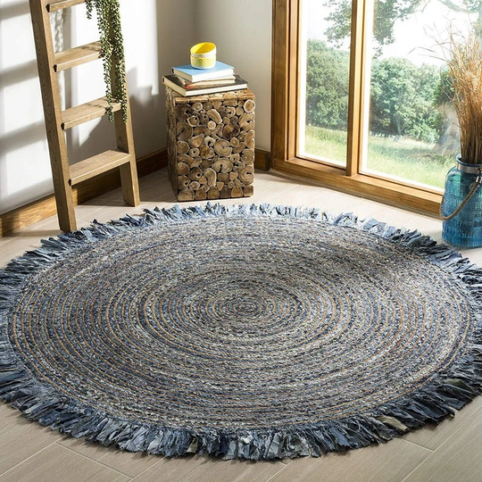 Handmade Braided Bohemian Cotton , Jut & Denim Mix Jhalar Round Rug Area Beauitiful Floor Decor Carpet in Multi Sizes