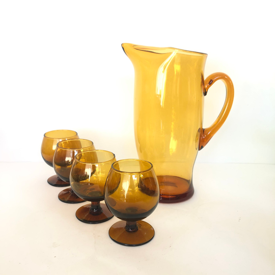 Handblown Vintage Amber Glass 38Oz Pitcher & Four Matching 4Oz Mini Snifter Cocktail Glasses
