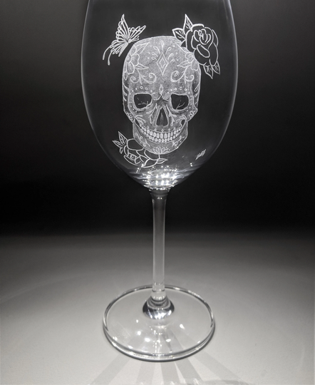 Sugar Skull - Candy Halloween Wine Glass Gifts Hand Engraved Art Glass