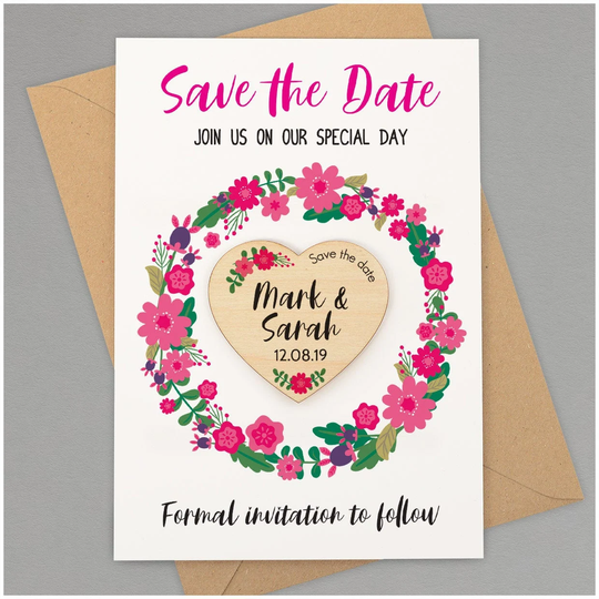 Pink Floral Save The Date Cards - Wedding Magnets Personalised Rustic Wooden Hearts Botanical