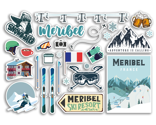 A5 Sticker Sheet Meribel Vinyl Stickers - France French Ski Resort Mountains Holiday Alps Travel Winter Sports Luggage Scrapbooking #79050