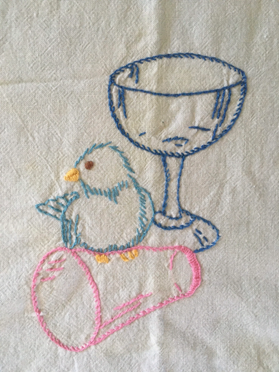 Vintage Embroidered Flour Sack Dish Towel Bird Wine Glass
