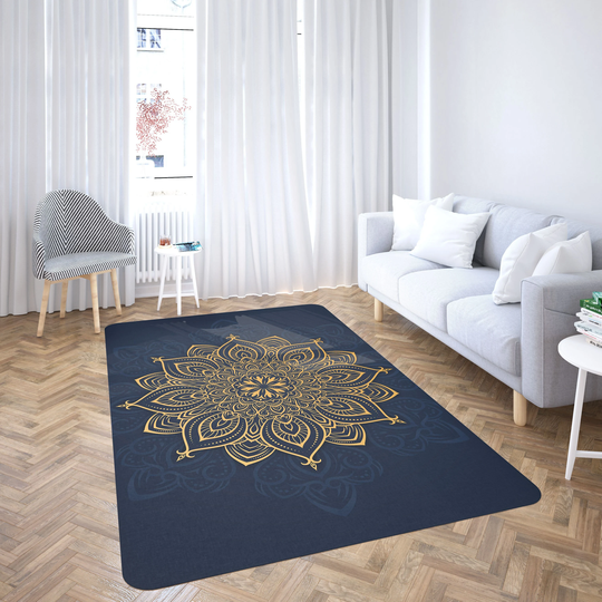 Dark Blue & Gold Mandala - Foldable Rectangular Floor Rug