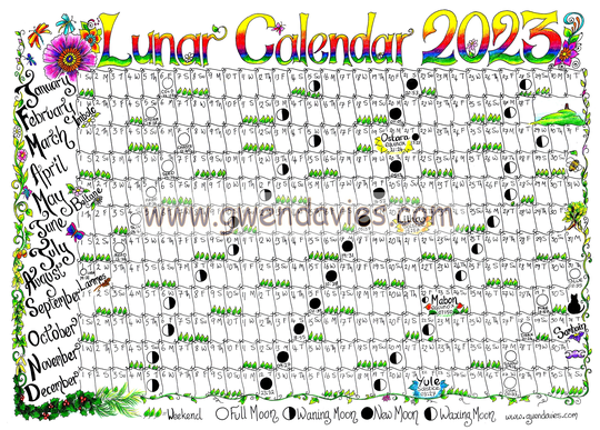 Lunar Calendar UK 2023 Moon Cycles A4 Wallchart Book Of Shadows