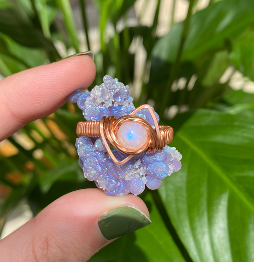 Size 14, Rainbow Moonstone Wire Wrapped Ring in Solid Copper
