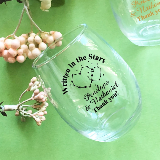 Printed 24 Pieces Of Written in The Stars Personalized Stemless Wine Glass Favors - Wedding {Item#858E-D}