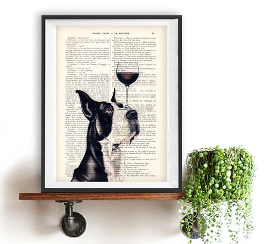 Great Dane Print, Great With Wine Glass, Black & White, Hound, Art Print On Recycled French Book Page