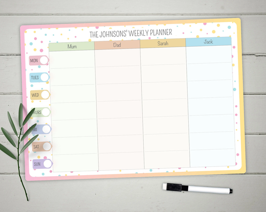 Weekly Family Planner Whiteboard, A3 Personalised Dry Erase Planner, Schedule, Meal Planner, Wipe Clean Organiser