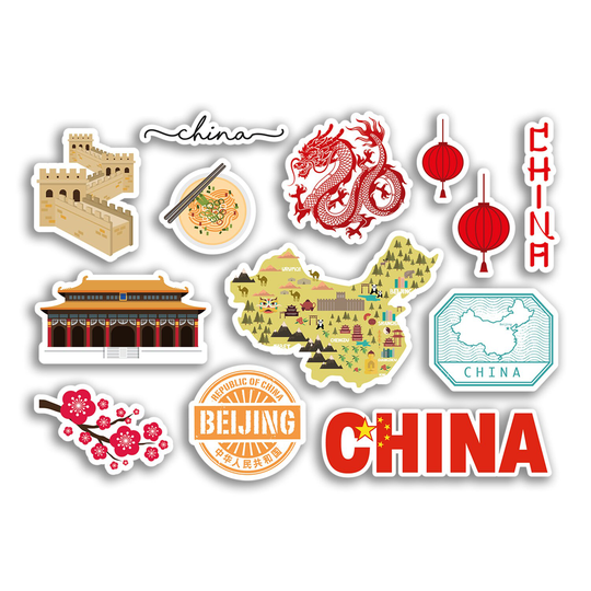 A5 Sticker Sheet China Landmarks Vinyl Stickers - Chinese Map Airport Stamps Skyline Flag Travel Holiday Culture City Aesthetic #78460
