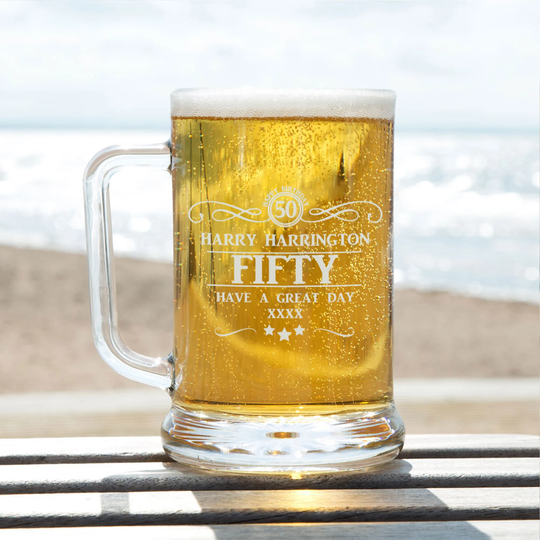 50Th Birthday Personalised Engraved Glass Beer Pint Tankard. With Name & Age Laser Engraved. Gifts For Dad, Brother, Uncle