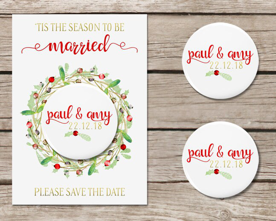 Christmas Save The Date Magnets, Wedding Dates, Luxury Card & Magnet, Includes Envelopes, Holly Wreath, Red Green White
