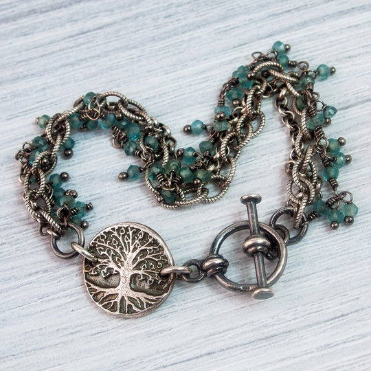 Tree Of Life Multistrand Bracelet, Aquamarine Charm March Birthstone, Toggle Layered Fine Silver Metal Clay