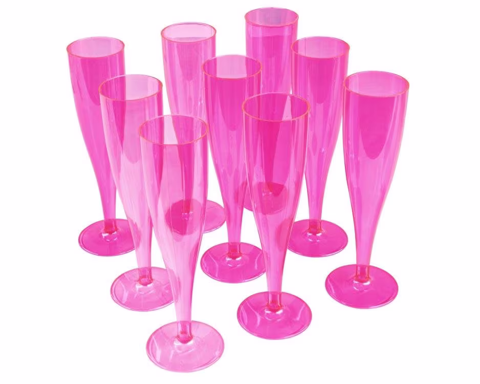 100 X Pink Prosecco Flutes 175Ml 6Oz Capacity Recyclable Polystyrene Material Transparent 1-Piece Sturdy Champagne Glasses Bbqs Picnics