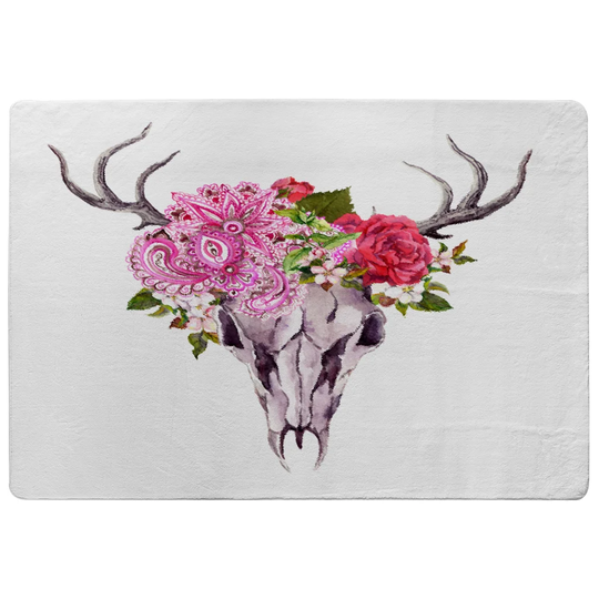 Dobson Deer Animal Skull with Flowers and Feathers Designer Shaggy Pink/Red/Grey Rug