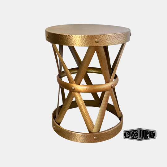 Maxlume ~ Patinated Hammered Brass Drum Side Table Industrial | Vintage Style Floor
