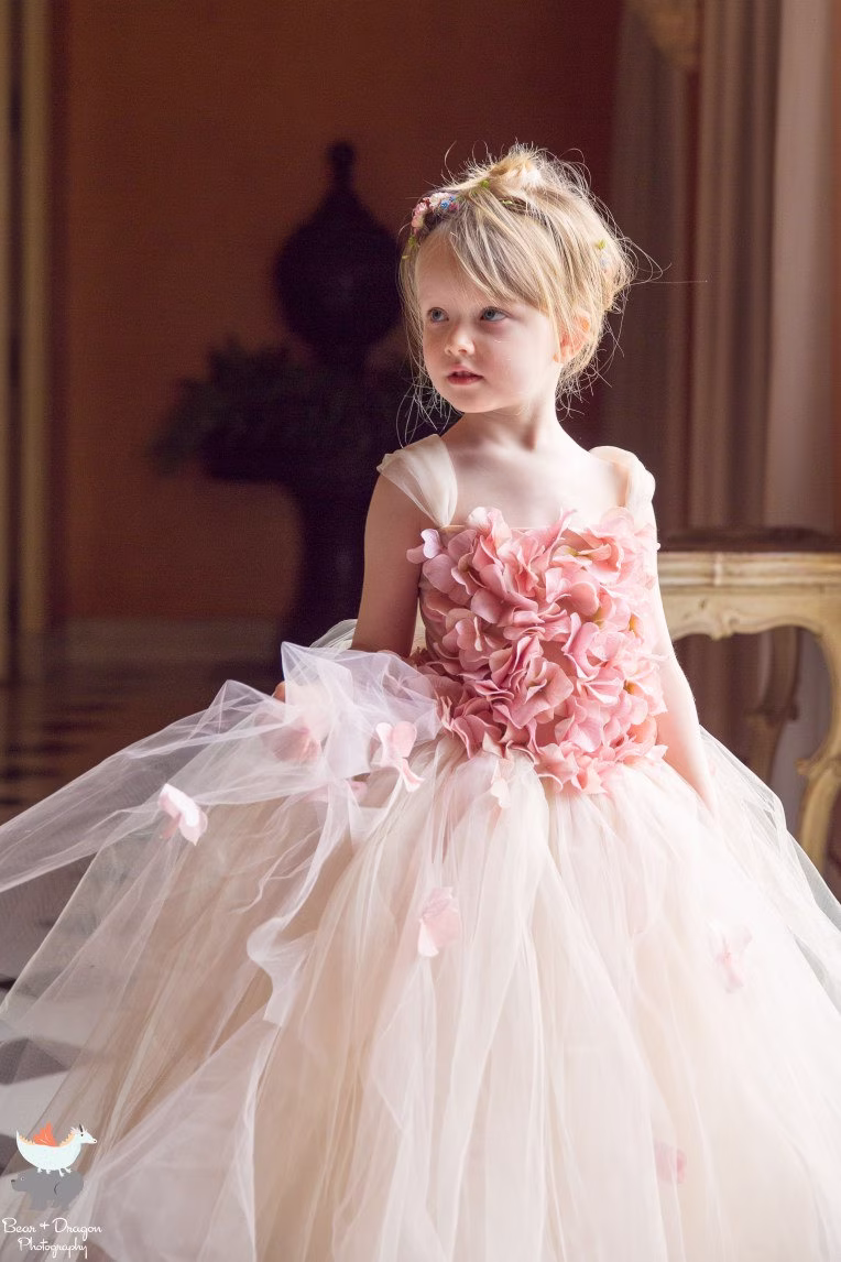Flower Girl Dress Pink Champagne Dress, Tutu Dress, Flower Top, Hydrangea Toddler Cascading Flowers