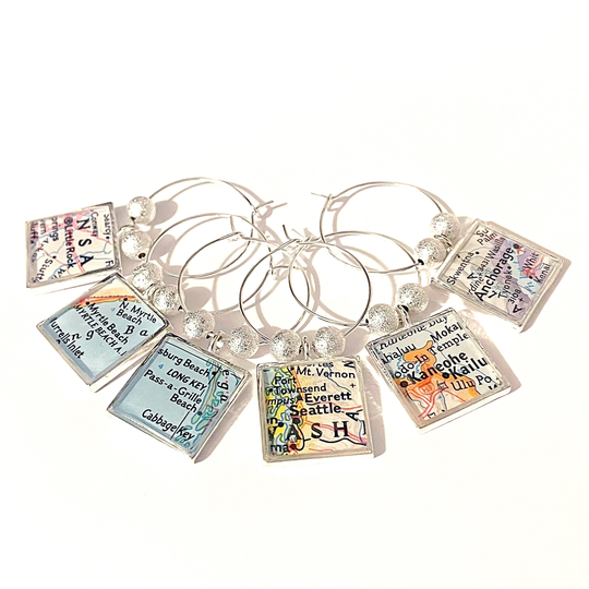 Custom Square Map Wine Glass Charm Set. You Select Locations. Anywhere in The World. Wedding Favors. Bridesmaid. Gifts