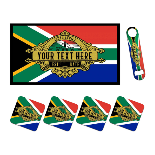 Personalised South Africa Flag Bar Runner Mat, Matching Bottle Opener & 4 X Coaster Beer Mats Set For Home Bars Man Cave Football Fans