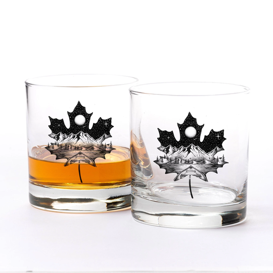 Leaf Glasses - & Mountain Landscape Rock Beach Decor Whiskey Set Of Two 11Oz. Tumblers