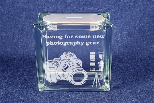 Photography Engraved Glass Block Money Box/Savings Box, With Personalised Engraved Message