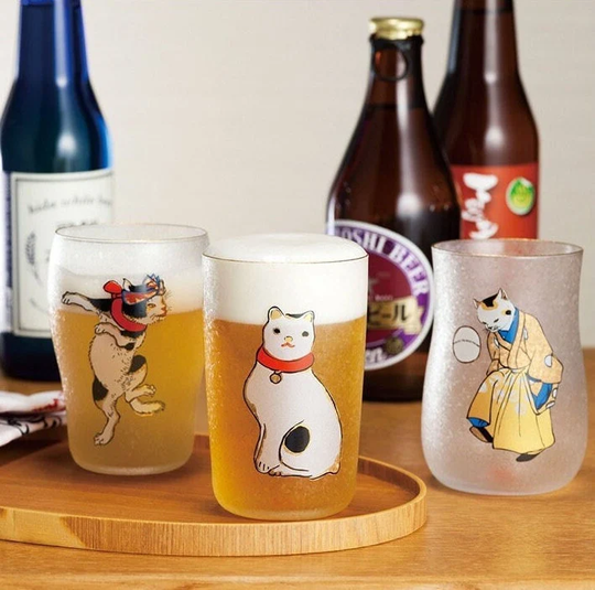 Japanese Ukiyoe Edo Neko Cat Print - Festive Gold Frosted Craft Beer Tasting Glasses | Set Of 3 in Collectable Wooden Gift Box