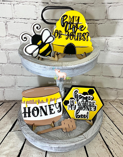 Bee Tiered Tray Set, Signs, Farmhouse Decor, Shaker Wooden Tabletop Decorations, Shelf Sitters, Beehive Sign
