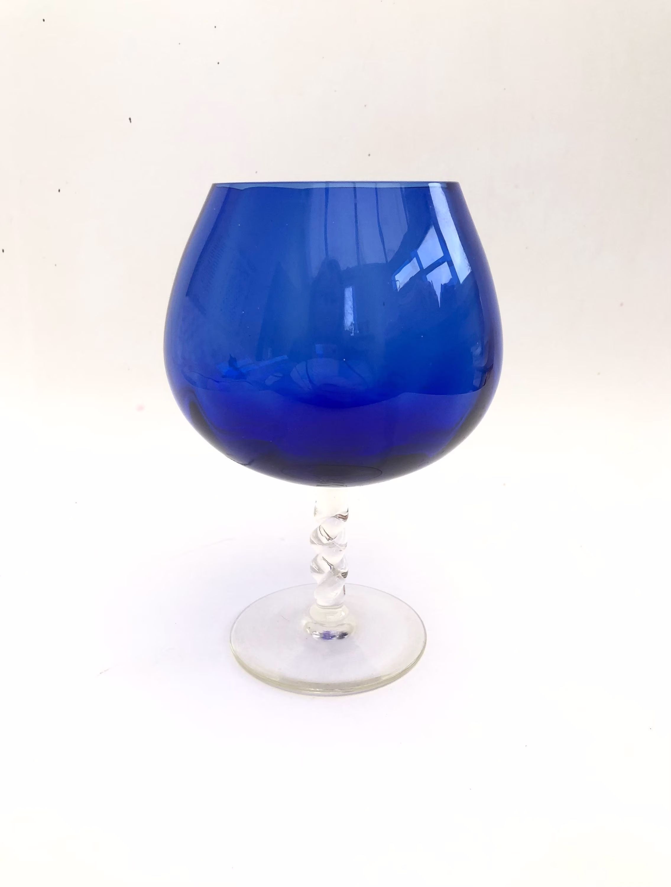 Vintage Blue Glass Large Brandy Balloon With Twisted Rope Stem