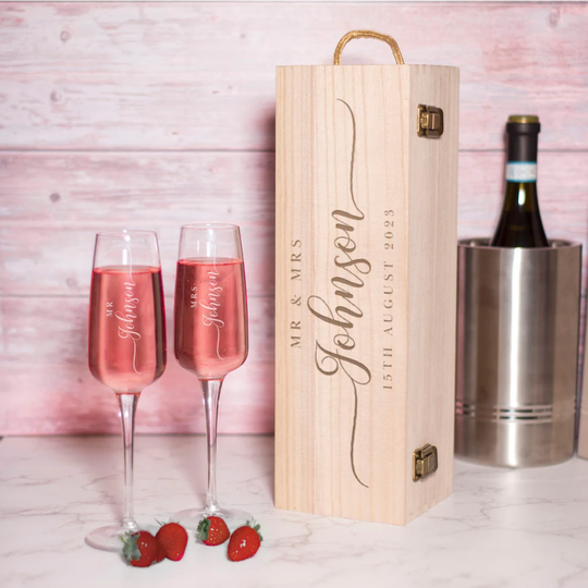 Personalised Classic Script Engraved Wedding Anniversary Champagne Bottle Gift Box & Glasses