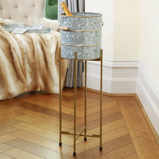 Large Zinc Champagne Bucket On Folding Gold Stand Handmade Recycled Iron Wine Prosecco Bottle Cooler Ice Party Tub & Tray