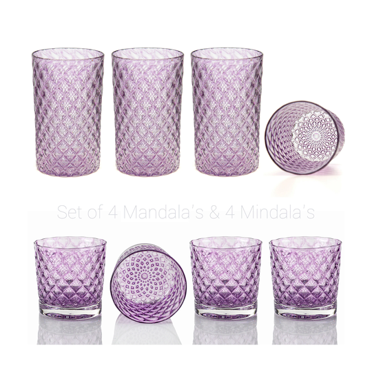 Lavender Mindala & Mandala Glass Set Of 8 - Handblown Glassware | Blown Tumblers Colorful Drinkware Cocktail Glasses