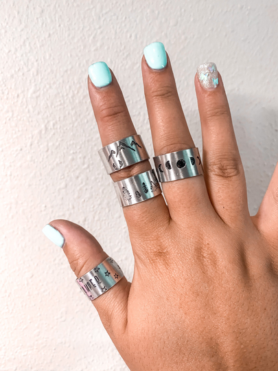 Happy Camper, Mountain, Country Metal Hand Stamped Ring Collection