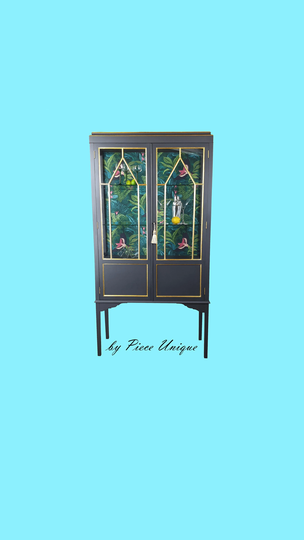 Sold - Vintage Edwardian Tall Black & Gold Leaf Glass Fronted Display Cupboard/Cocktail Cabinet/ Drinks Cabinet With Decoupage