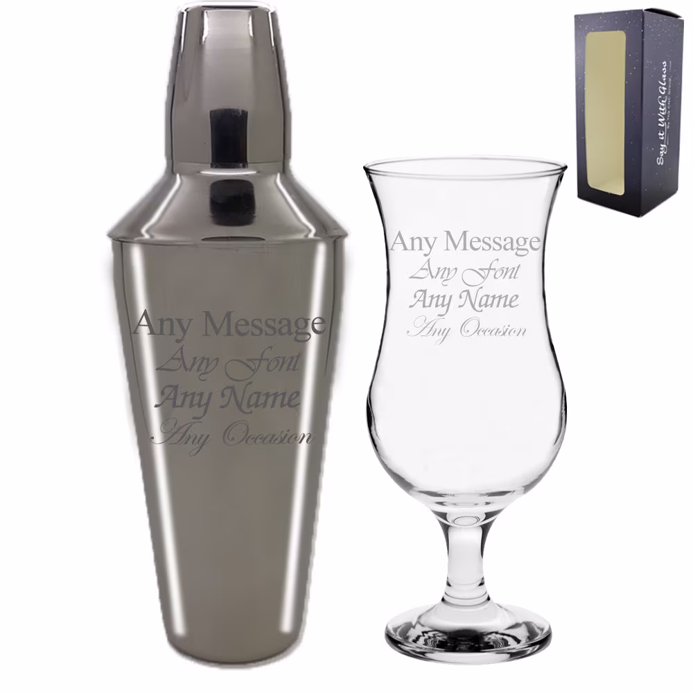 Personalised Engraved Cocktail Shaker With Strainer & Pina Colada Glass, Perfect For Any Lover, Great Occasion