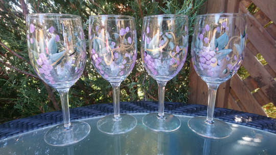 Set Of Four Vintage Hand Painted Wine Glasses, Barware Lavender, Green, Gold Decoration, Stemmed Glassware, Drinking Decor