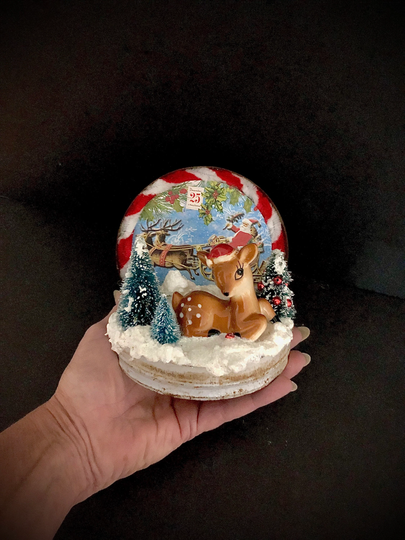 Vintage Christmas Miniature Vignette With Deer Salt Shaker in Santa Hat Bottlebrush Tree Forest