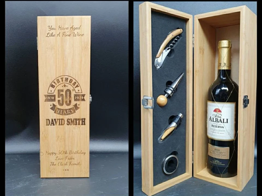 60Th Birthday Gifts For Women/Men . Personalised Bamboo Wine Box With Tools. Mom Dad Personalized Gift