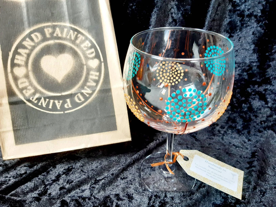 stunning Hand Painted Teal, Gold, & Copper Gin & Cocktail Glass With Handmade Gift Bag