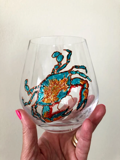 Wine. Stemless. Blue Crab. Hand Painted. Coastal. Water. Beer. Maryland. Chesapeake. Nautical. Beach. Ocean. Salt. Sand. Ready To Ship