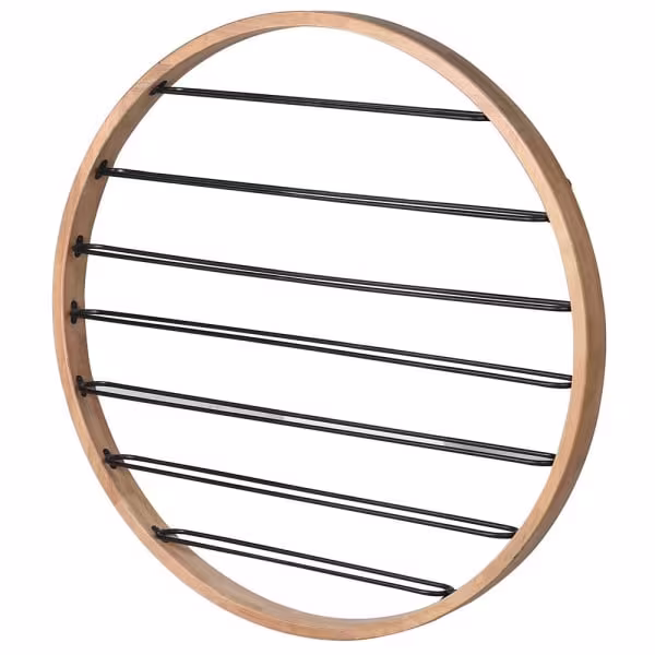 Round Wooden & Black Metal Wall Wine Rack