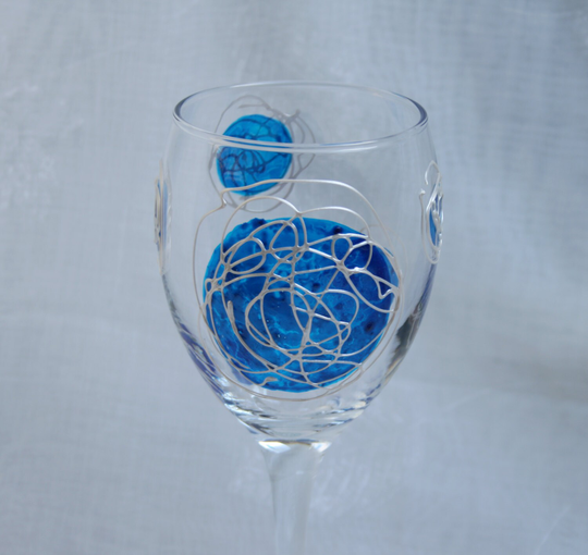 Galaxy - Blue & Pearl An Exclusive Design, Hand Painted, Wine Glass Featuring Blue "Planets' Swirled With Raised Pearl