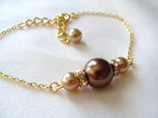 Bridesmaids Bracelet, Chocolate Brown & Champagne Glass Pearls Wedding, Bridal Party Gift, Birthday Maid Of Honor Gift