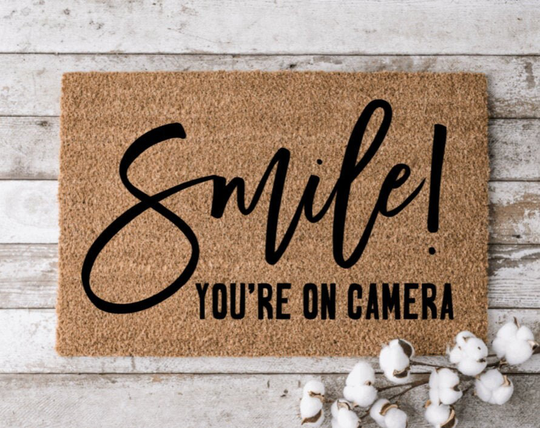 Smile You're On Camera | Happy Welcome Mat Glad You Are Here Door Cheerful Gift Home Doormat Housewarming Closing